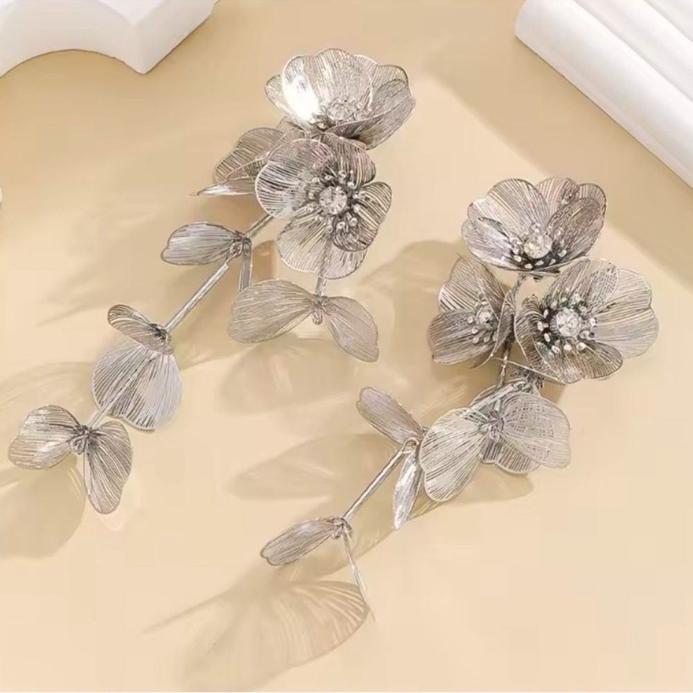 Anthropologie Silver Floral Vine Drop Earrings
